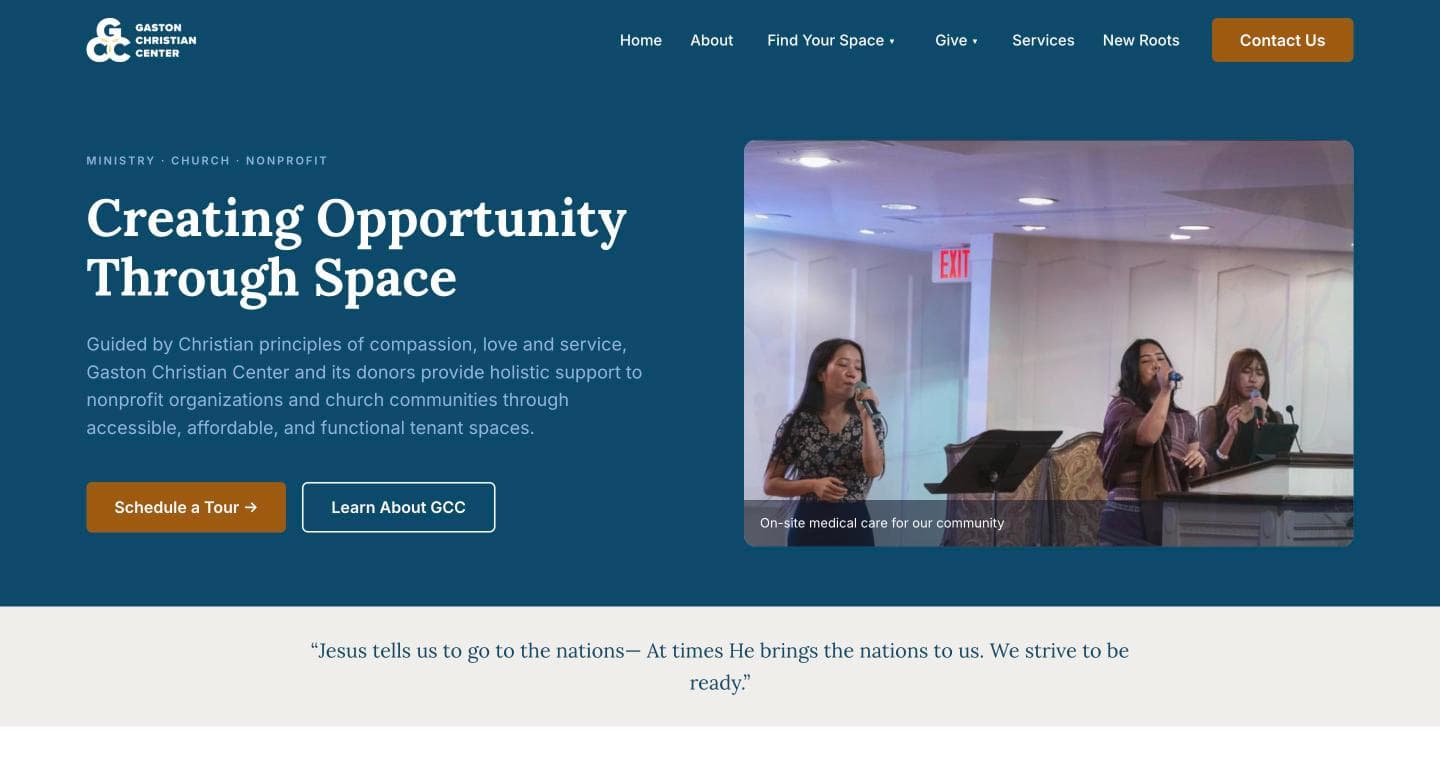 The rebuilt Gaston Christian Center homepage, with a full-width hero, clear navigation and a single primary call to action.