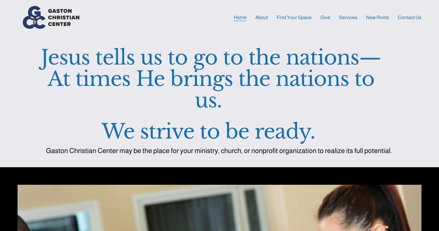 The previous Gaston Christian Center homepage on Squarespace, with a dense stacked layout and dated styling.