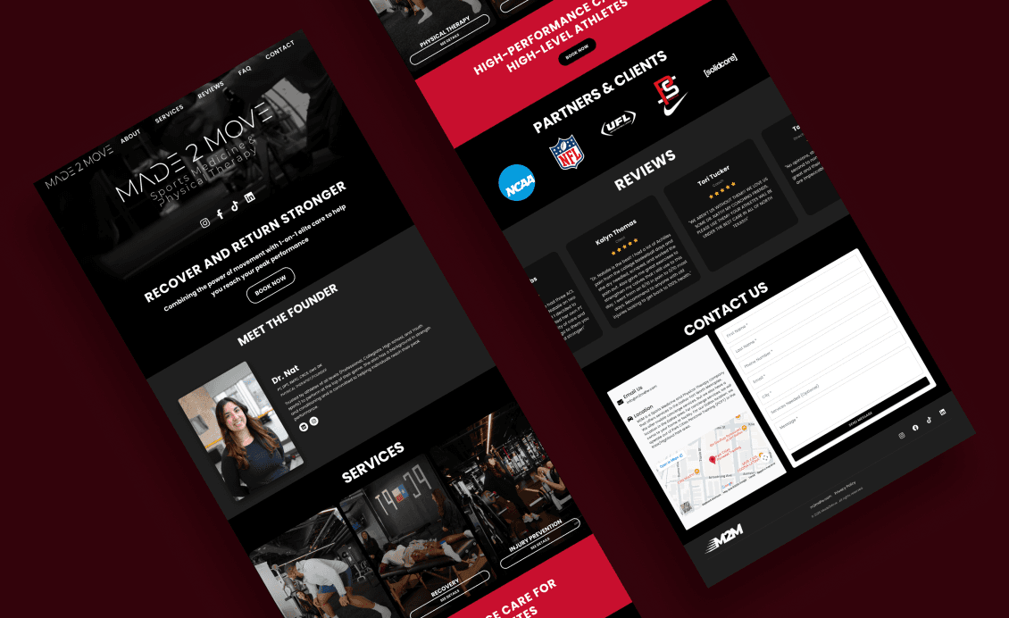 Full-page views of the live Made 2 Move site, showing the homepage, the services structure and the booking path.