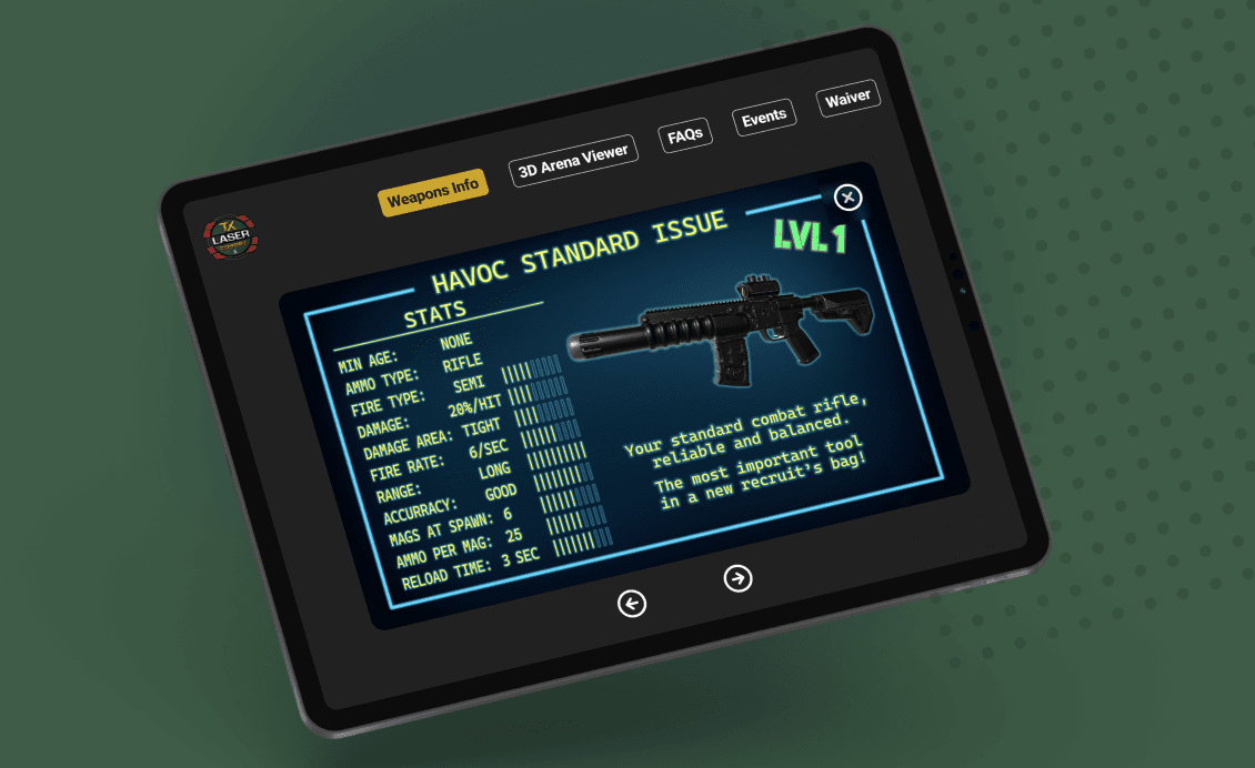 The internal iOS employee app showing the weapons and gear reference screens staff use during safety briefs.