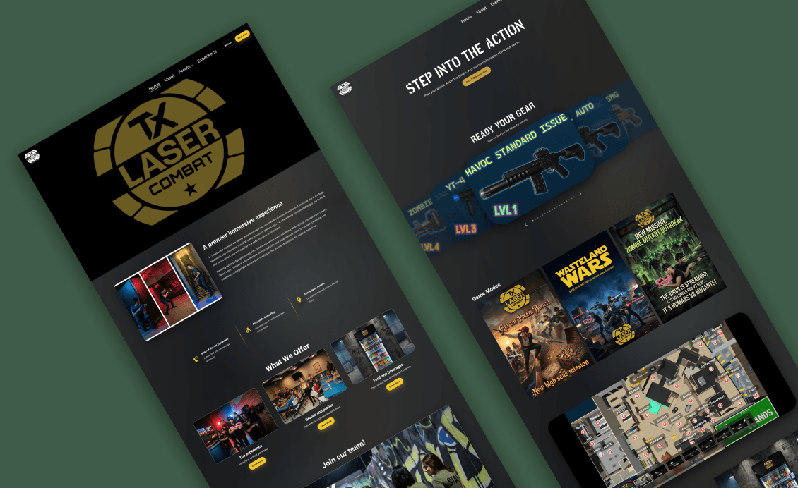 The Texas Laser Combat website home and experience pages, with dark tactical styling and group booking calls to action.